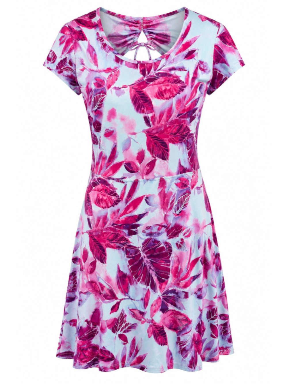 Reel Legends Keep It Cool Pink Tropical Leaf Print Open Back Dress Sz M Athletic